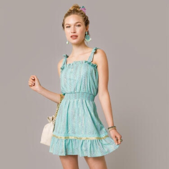 Francesca’s Layla Lurex Mini Dress mint and gold shoulder ties size small - Picture 2 of 10